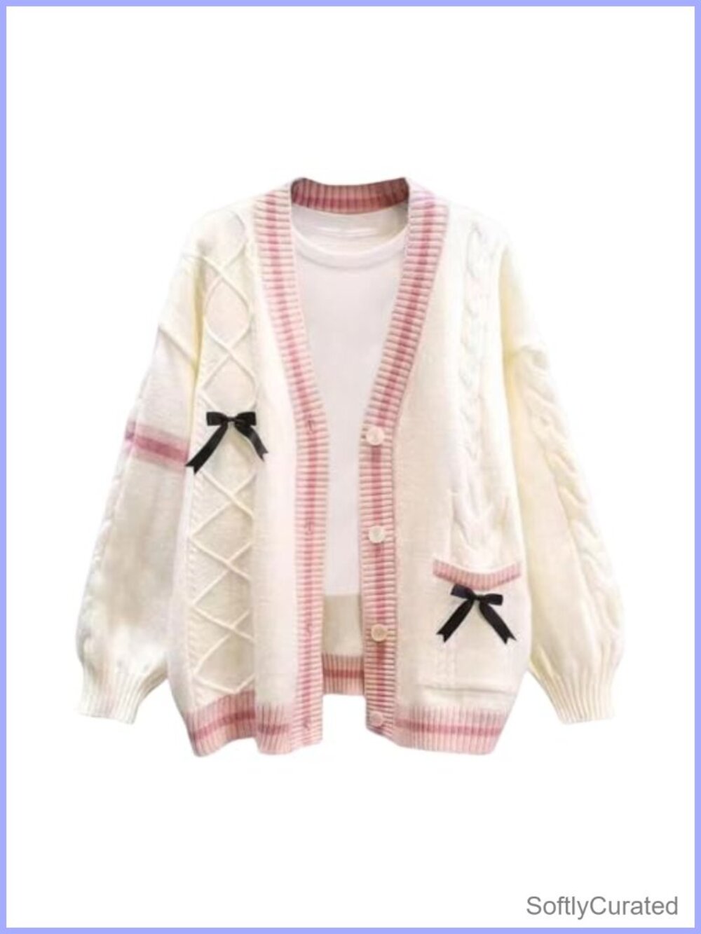 Womens Cable Knit Cardigan V-Neck Button Down Bowknot Sweater Coat